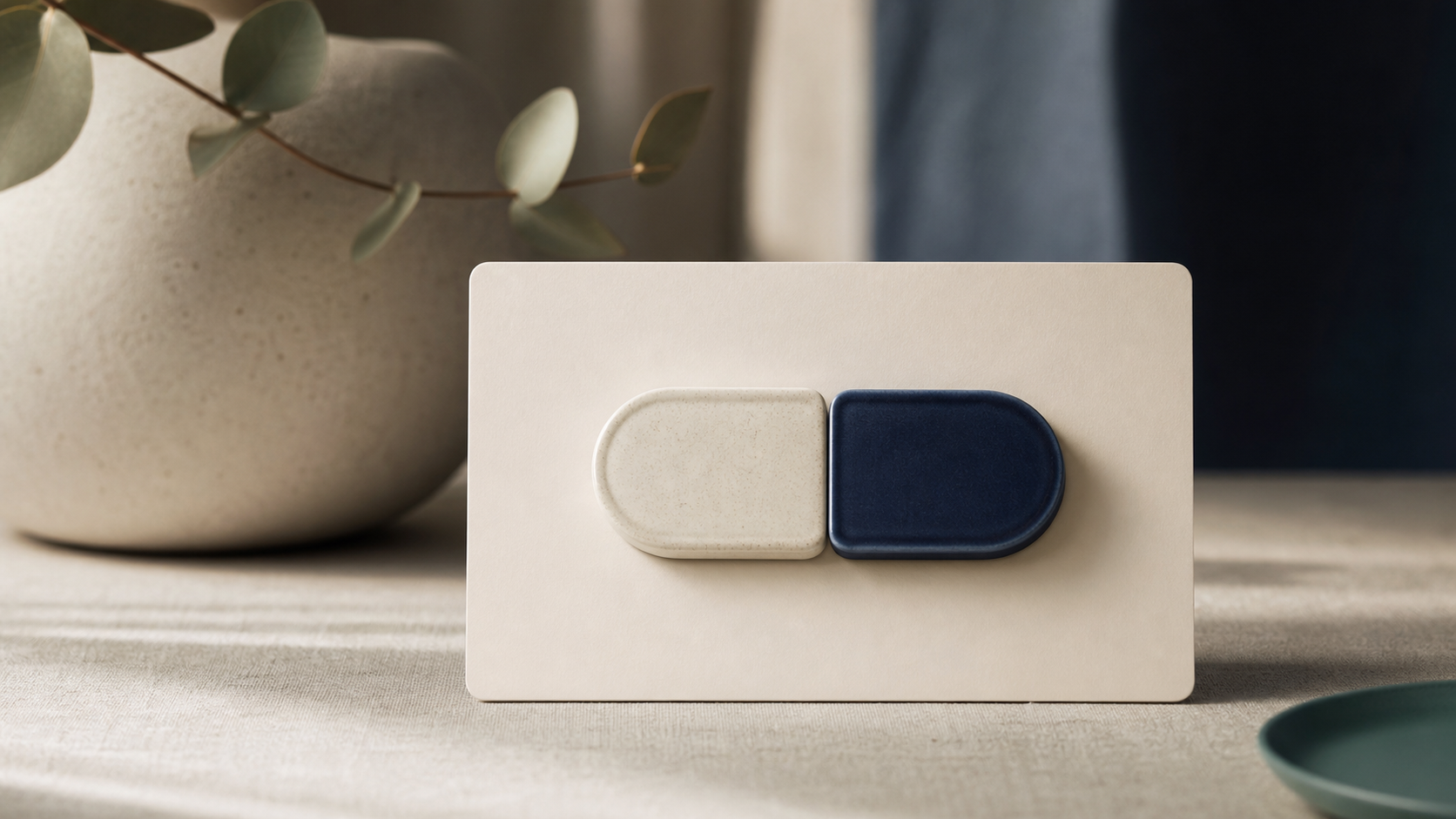 Photographic still life of two balanced consent controls on a cream card