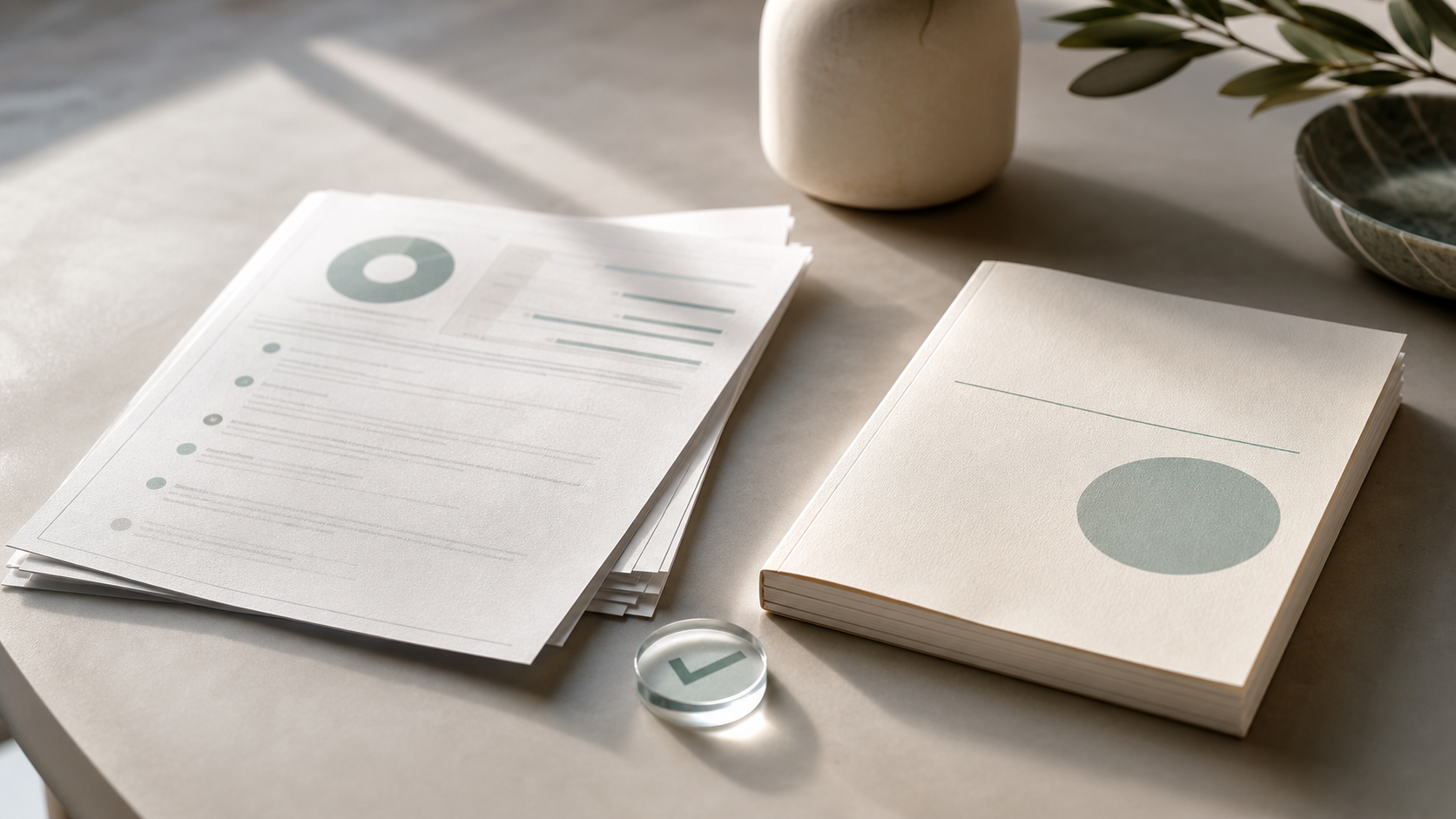 Photographic still life of scanned report sheets, a policy booklet, and a glass review token