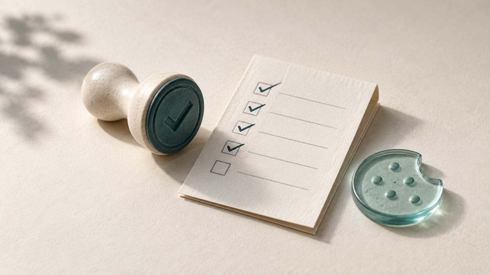 Photographic still life of a ceramic review stamp, folded checklist, and glass cookie token on cream paper