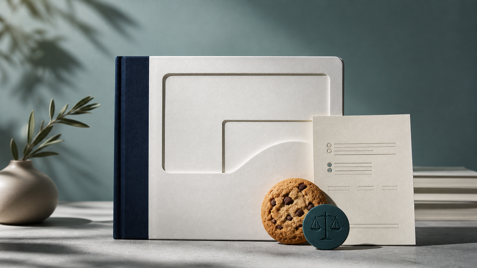 Photographic still life of a WordPress-inspired policy booklet, cookie disc, and consent token