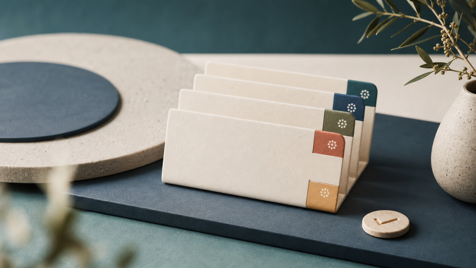 Photographic still life of language tabs on cream cards beside ceramic and paper objects