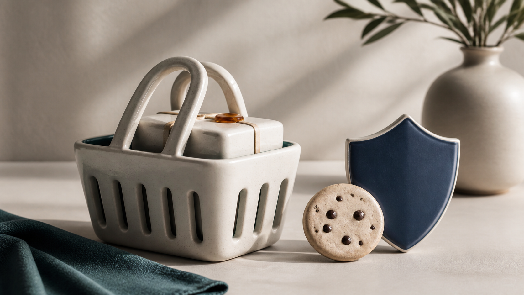 Photographic still life of a ceramic shopping basket, cookie token, and navy shield