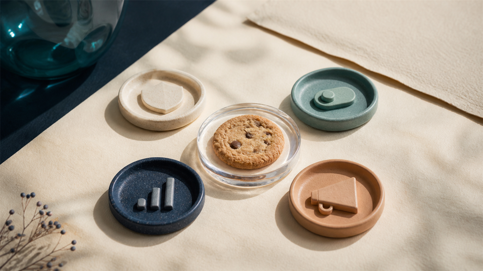 Photographic still life of ceramic cookie category trays around a cookie disc on cream paper