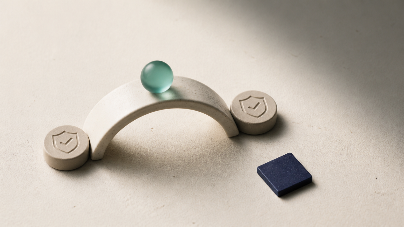 Photographic still life of a ceramic bridge linking consent tokens on cream paper